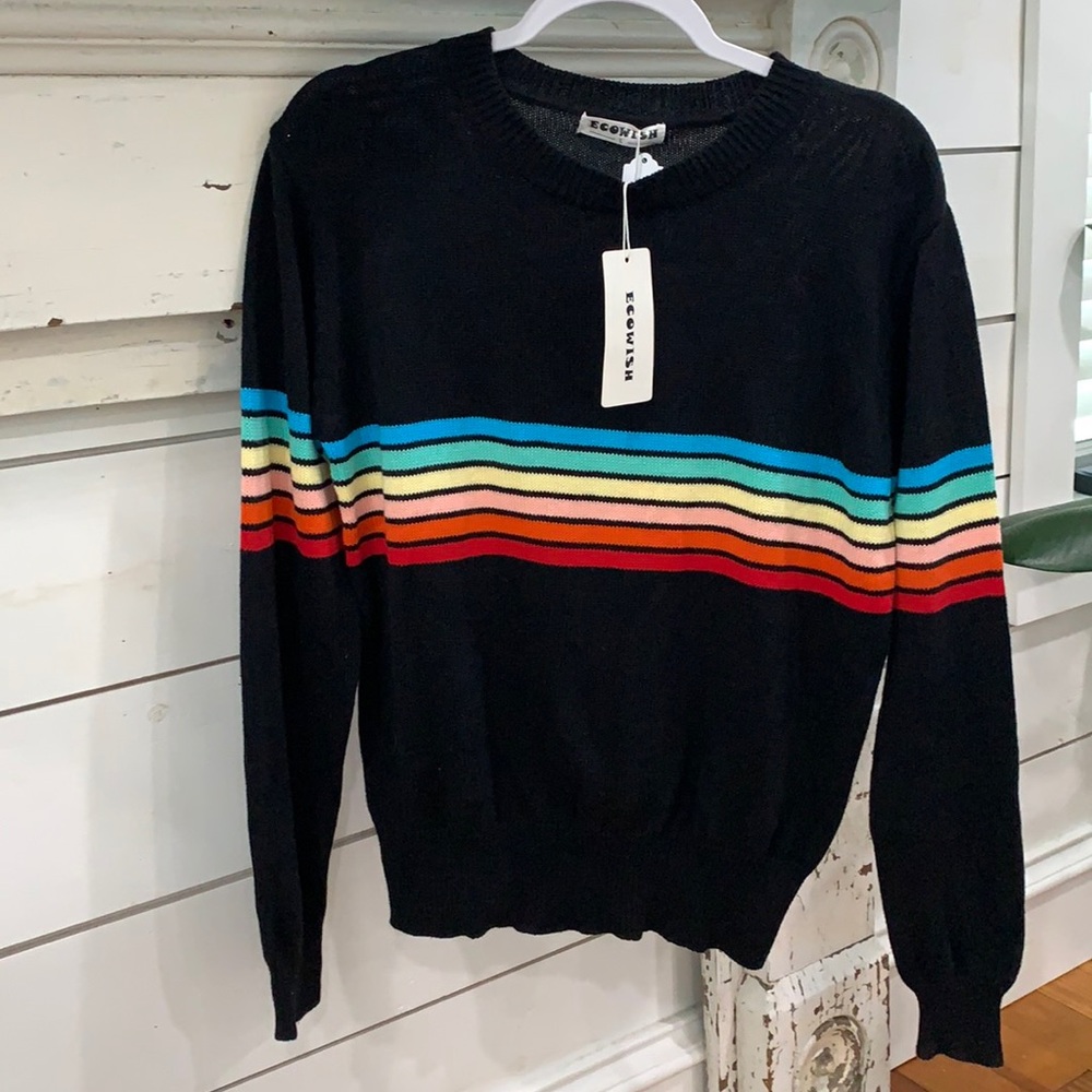 Large NWT Retro Rainbow Striped Sweater Black